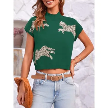 Saodimallsu Womens Leopard Print Tops Cap Sleeve Mock Neck 2024 Trendy Sleeveless Top Cropped Sweater Vest