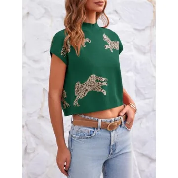 Saodimallsu Womens Leopard Print Tops Cap Sleeve Mock Neck 2024 Trendy Sleeveless Top Cropped Sweater Vest