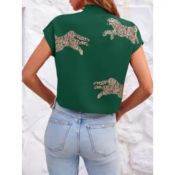 Saodimallsu Womens Leopard Print Tops Cap Sleeve Mock Neck 2024 Trendy Sleeveless Top Cropped Sweater Vest