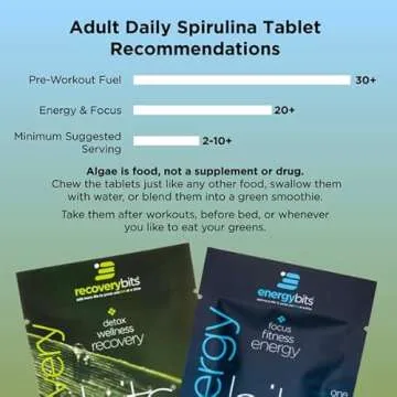 ENERGYbits/RECOVERYbits - Organic Spirulina & Chlorella Tablets - Single Serving Sample Packs - Algae Superfood - High Protein, Chlorophyll - Self Care - Vegan, Keto, Gluten Free - 4 Bags, 30/Bag