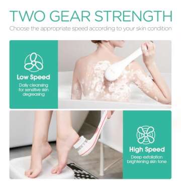 VOYOR Electric Body Brush Back Scrubber for Shower Rechargeable Exfoliating Bath Brush Powered Shower Brush with Non-Slip Long Handle Deep Cleansing, Exfoliation, Massaging Spin Brush BC100 (Pink)