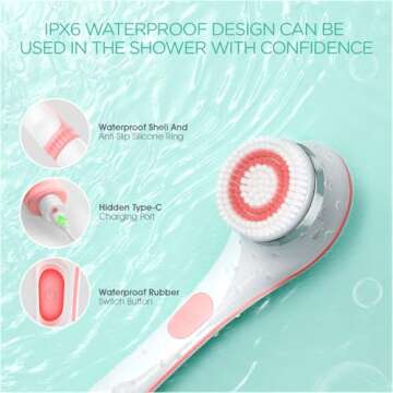 VOYOR Electric Body Brush Back Scrubber for Shower Rechargeable Exfoliating Bath Brush Powered Shower Brush with Non-Slip Long Handle Deep Cleansing, Exfoliation, Massaging Spin Brush BC100 (Pink)