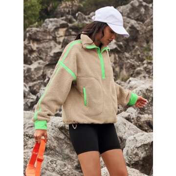 Yanekop Womens 1/2 Zip Up Sherpa Pullover Fuzzy Fleece Sweatshirt Fluffy Lapel Outerwear with Pockets(Green Khaki,L)