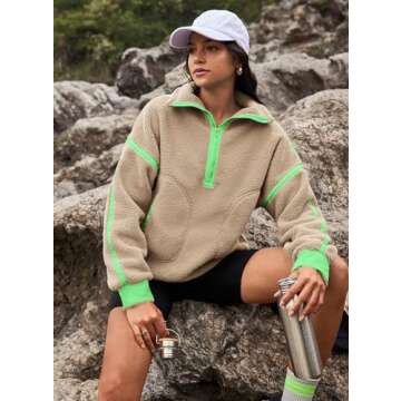 Yanekop Womens 1/2 Zip Up Sherpa Pullover Fuzzy Fleece Sweatshirt Fluffy Lapel Outerwear with Pockets(Green Khaki,L)