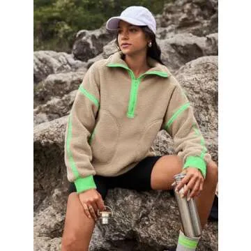 Yanekop Womens 1/2 Zip Up Sherpa Pullover Fuzzy Fleece Sweatshirt Fluffy Lapel Outerwear with Pockets(Green Khaki,L)