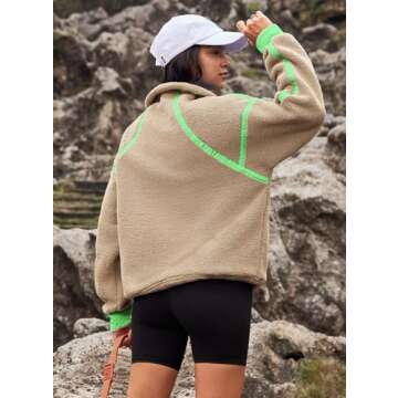 Yanekop Womens 1/2 Zip Up Sherpa Pullover Fuzzy Fleece Sweatshirt Fluffy Lapel Outerwear with Pockets(Green Khaki,L)