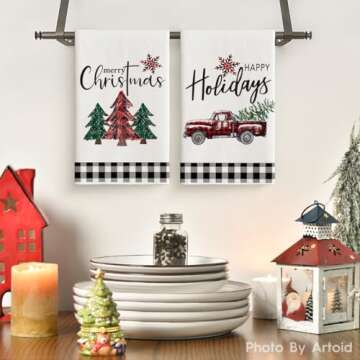 Artoid Mode Black White Truck Christmas Trees Kitchen Towels Dish Towels, 18 x 26 Inch Winter Buffal...