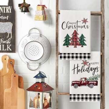 Artoid Mode Black White Truck Christmas Trees Kitchen Towels Dish Towels, 18 x 26 Inch Winter Buffalo Plaid Holiday Ultra Absorbent Drying Cloth Tea Towels for Cooking Baking Set of 2