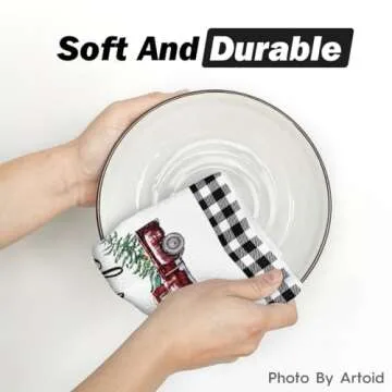 Artoid Mode Black White Truck Christmas Trees Kitchen Towels Dish Towels, 18 x 26 Inch Winter Buffalo Plaid Holiday Ultra Absorbent Drying Cloth Tea Towels for Cooking Baking Set of 2