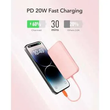 Charmast Slim Portable Charger, 5000mAh Fast Charging Power Bank Built in for iPhone Cable, Digital Display Battery Pack Compatible with iPhone 14/14 Pro Max/13/13 Pro Max/12/11/XR/X (No-Wireless)