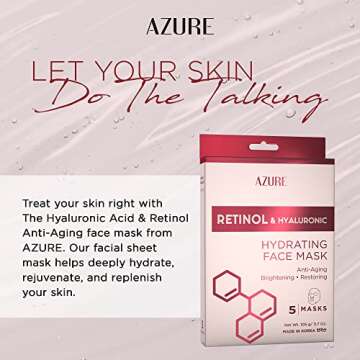 Azure Cosmetics Retinol & Hyaluronic Acid Anti Aging Facial Sheet - Rejuvenating & Hydrating Face Mask - Helps Reduce Fine Lines & Wrinkles, Smooths & Repairs - Made in Korea - Pack of 5