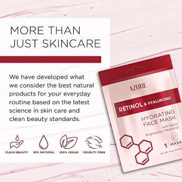 Azure Cosmetics Retinol & Hyaluronic Acid Anti Aging Facial Sheet - Rejuvenating & Hydrating Face Mask - Helps Reduce Fine Lines & Wrinkles, Smooths & Repairs - Made in Korea - Pack of 5