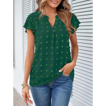 MEROKEETY Women Casual V Neck Flutter Short Sleeve Blouse Swiss Dot Loose Tunic Shirt Top DarkGreen Medium