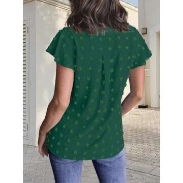 MEROKEETY Women Casual V Neck Flutter Short Sleeve Blouse Swiss Dot Loose Tunic Shirt Top DarkGreen Medium