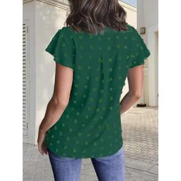 MEROKEETY Women Casual V Neck Flutter Short Sleeve Blouse Swiss Dot Loose Tunic Shirt Top DarkGreen Medium