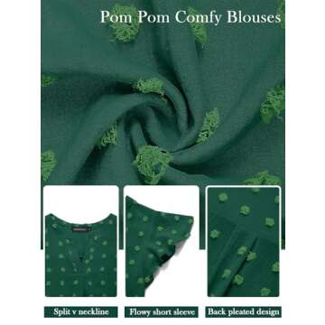 MEROKEETY Women Casual V Neck Flutter Short Sleeve Blouse Swiss Dot Loose Tunic Shirt Top DarkGreen Medium