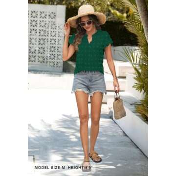 MEROKEETY Women Casual V Neck Flutter Short Sleeve Blouse Swiss Dot Loose Tunic Shirt Top DarkGreen Medium