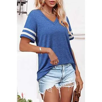Womens V Neck Tshirts Shirts Short Sleeve Summer Tops Casual Loose Fit Blue Baseball Tee Shirt S