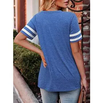 Womens V Neck Tshirts Shirts Short Sleeve Summer Tops Casual Loose Fit Blue Baseball Tee Shirt S