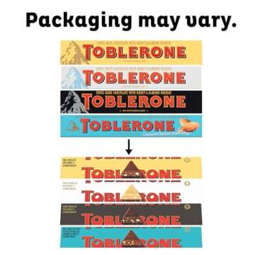 Toblerone Chocolate Variety Pack (Milk Chocolate, Dark Chocolate, White Chocolate, & Milk Chocolate with Salted Caramelized Almonds), Valentines Day Chocolate Candy, 12 - 3.52 oz Bars