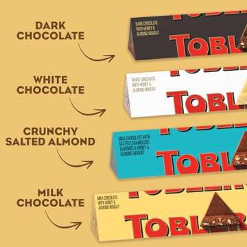 Toblerone Chocolate Variety Pack (Milk Chocolate, Dark Chocolate, White Chocolate, & Milk Chocolate with Salted Caramelized Almonds), Valentines Day Chocolate Candy, 12 - 3.52 oz Bars