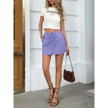 Fisoew Womens Summer Striped Mini Skirts Casual Drawstring Elastic Waist Button Cute Y2K Skorts Shorts Blue