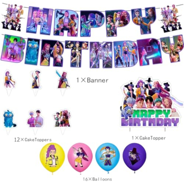 K Pop Demon Hunters Birthday Decorations Set with Banner, Balloons, Cake Toppers