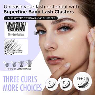 BEYELIAN Cluster Lashes D+ Curl 168 Pcs Individual Lash Clusters False Eyelashes Extension Natural Look Reusable Glue Bonded Black Super Thin Band Mix DIY Eyelash Extension (Style3)