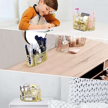 POPRUN Cute Desk Organizer - Pen Holder for Desk,Trendy Mesh Office Supplies Accessories Essentials Caddy with Drawer for Home & Office Desktop Organization & Decor, Gold