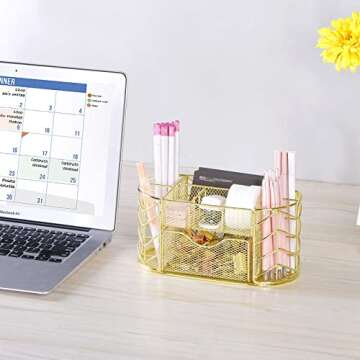 POPRUN Cute Desk Organizer - Pen Holder for Desk,Trendy Mesh Office Supplies Accessories Essentials Caddy with Drawer for Home & Office Desktop Organization & Decor, Gold