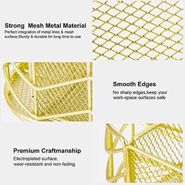 POPRUN Cute Desk Organizer - Pen Holder for Desk,Trendy Mesh Office Supplies Accessories Essentials Caddy with Drawer for Home & Office Desktop Organization & Decor, Gold