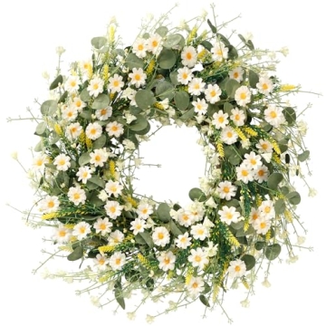 Sggvecsy White Daisy Wreath 24 Inch Spring Summer Wreath with Eucalyptus and Lavender