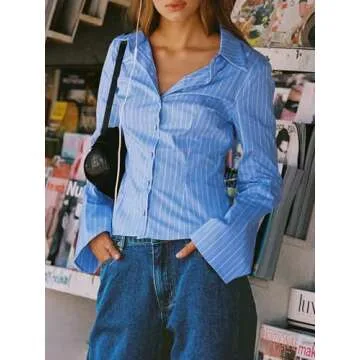Cicy Bell Womens Striped Button Down Shirts Flare Long Sleeve Collared V Neck Business Work Office B...