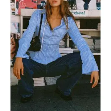 Cicy Bell Womens Striped Button Down Shirts Flare Long Sleeve Collared V Neck Business Work Office Blouse Tops Blue