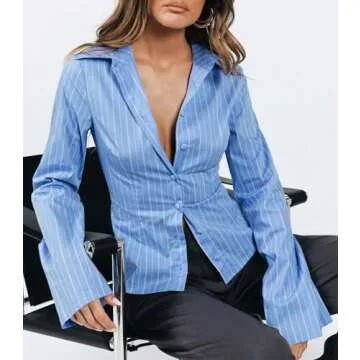 Cicy Bell Womens Striped Button Down Shirts Flare Long Sleeve Collared V Neck Business Work Office Blouse Tops Blue