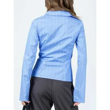 Cicy Bell Womens Striped Button Down Shirts Flare Long Sleeve Collared V Neck Business Work Office Blouse Tops Blue