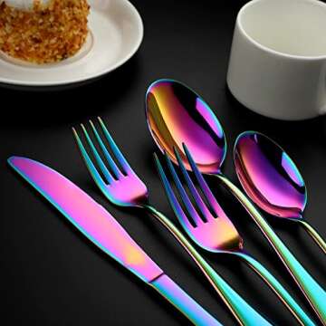 Colorful Flatware Set 30 Piece, Stainless Steel Rainbow Silverware Cutlery Set for 6, Utensils Set Include Knives Forks Spoons, Mirror Finish and Dishwasher Safe