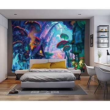Ruibo Psychedelic Mushroom Tapestry/Trippy Colorful Surreal Abstract Astral Digital Art Office Electric Forest Decor Tapestry Wall Hanging Tapestries(RB-Ps-1)(W:59" H:51")