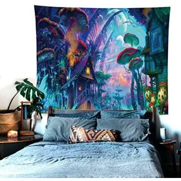 Ruibo Psychedelic Mushroom Tapestry/Trippy Colorful Surreal Abstract Astral Digital Art Office Electric Forest Decor Tapestry Wall Hanging Tapestries(RB-Ps-1)(W:59" H:51")
