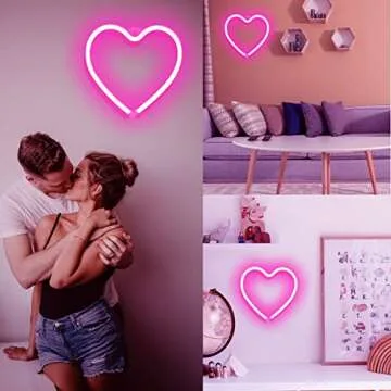 Pink Heart Neon Sign for Bedroom Decoration,Heart Led Light Sign 8.7×8.7 Inch Battery/USB Powered R...