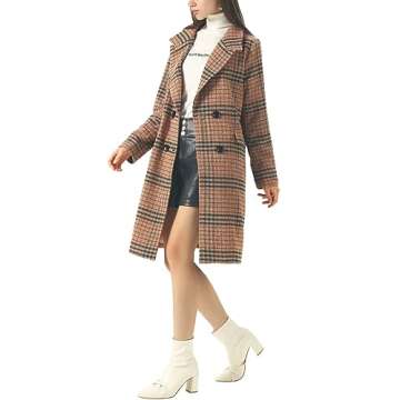chouyatou Women's Classic Notched Collar Double Breasted Plaid Wool Blend Long Trench Coat (Plaid-Br...