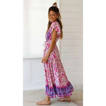 R.Vivimos Womens Summer Floral Print Cotton Short Sleeve Flowy Dress (Large, WhitePink)