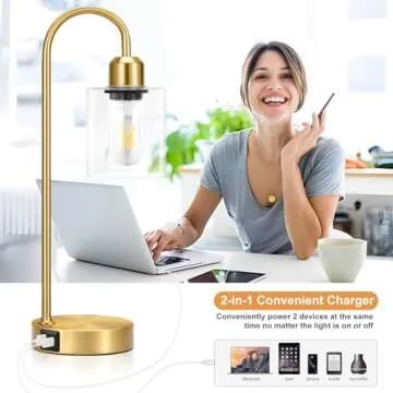 Industrial Gold Table Lamps Set - 3 Way Dimmable Touch Desk Lamps Set of 2 with USB C+A Ports, Night...
