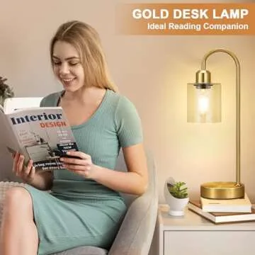 Industrial Gold Table Lamps Set - 3 Way Dimmable Touch Desk Lamps Set of 2 with USB C+A Ports, Nightstand Lamp with Glass Shade,Bedside Lamps for Night Stands, Bedroom, Living Room, LED Bulb Included