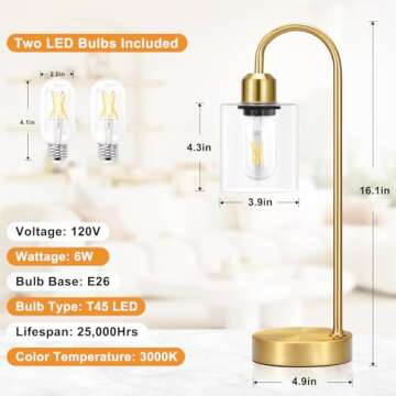 Industrial Gold Table Lamps Set - 3 Way Dimmable Touch Desk Lamps Set of 2 with USB C+A Ports, Nightstand Lamp with Glass Shade,Bedside Lamps for Night Stands, Bedroom, Living Room, LED Bulb Included