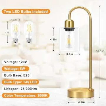 Industrial Gold Table Lamps Set - 3 Way Dimmable Touch Desk Lamps Set of 2 with USB C+A Ports, Nightstand Lamp with Glass Shade,Bedside Lamps for Night Stands, Bedroom, Living Room, LED Bulb Included