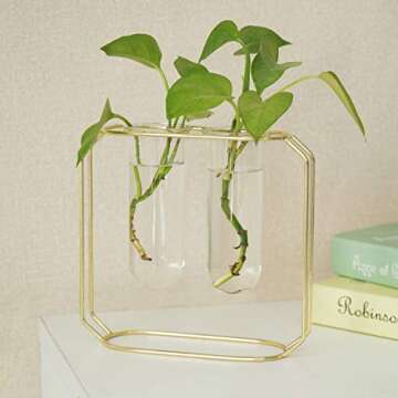 MyGift Glass Test Tube Vase with Geometric Gold Metal Frame Includes 2 Vases and Stand, Hanging Cylindrical Hydroponic Planter and Stand