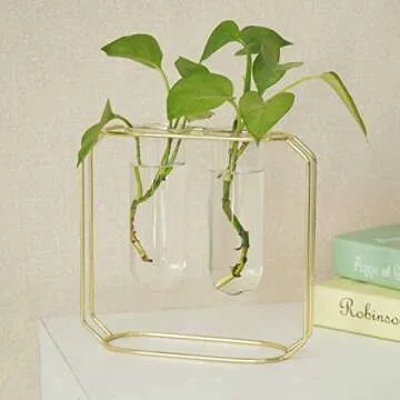 MyGift Glass Test Tube Vase with Geometric Gold Metal Frame Includes 2 Vases and Stand, Hanging Cylindrical Hydroponic Planter and Stand