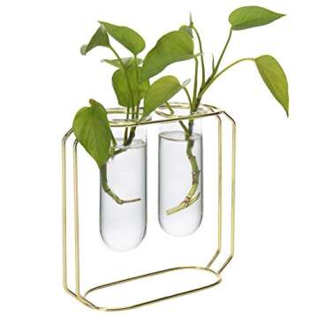 MyGift Glass Test Tube Vase with Geometric Gold Metal Frame Includes 2 Vases and Stand, Hanging Cylindrical Hydroponic Planter and Stand