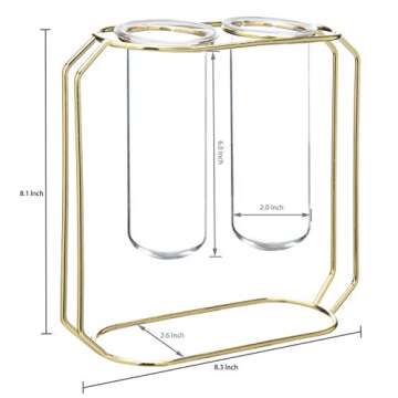 MyGift Glass Test Tube Vase with Geometric Gold Metal Frame Includes 2 Vases and Stand, Hanging Cylindrical Hydroponic Planter and Stand